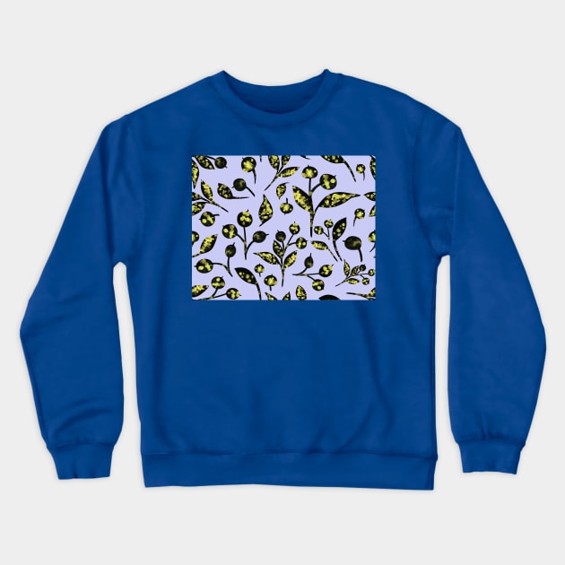 Seamless pattern with snow-covered berries. Hand drawn watercolor blueberries and leaves on lilac. Perfect for greeting card, postcard, poster, logo, textile, fabric, packaging, wrapping paper. Crewneck Sweatshirt by Olesya Pugach